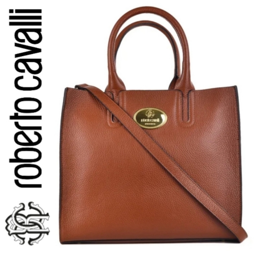 🆕️ Roberto Cavalli Vitello Cognac leather Tote - Picture 1 of 10
